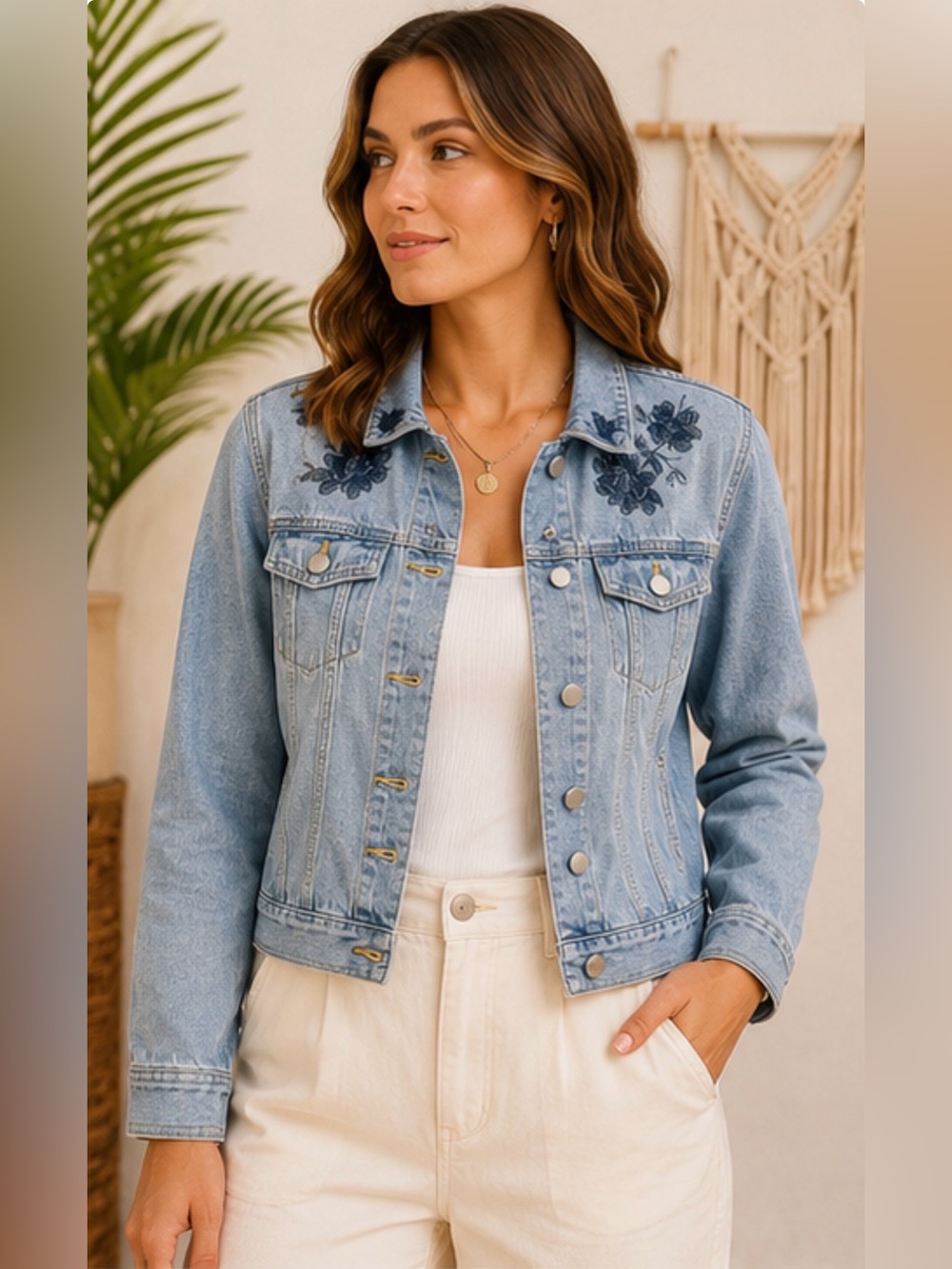 Jade & Ivory Embroidered Denim Jacket Medium Light Wash‎ Floral Boho Jean Jacket